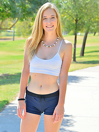 CrocoBabes presents: Sporty blonde babe Dakota strips her clothes and flaunts her hot body outdoors