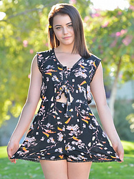 CrocoBabes presents: Svelte american dark-haired teen Kylie Quinn in shorts toys her twat outdoor