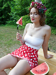 CrocoBabes presents: Nice belarusian stunner Rokki removes all clothes on a blanket in a backyard