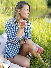 CrocoBabes presents: Skinny blonde Paulina gets naked on a blanket in a field of wheat